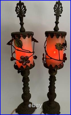 Pair Antique Art Deco Nouveau Floral Iron Mantel Candlestick Flickering Lamps
