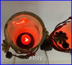 Pair Antique Art Deco Nouveau Floral Iron Mantel Candlestick Flickering Lamps