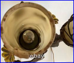 Pair Antique Art Deco Nouveau Floral Iron Mantel Candlestick Flickering Lamps