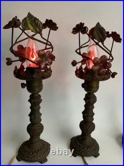 Pair Antique Art Deco Nouveau Floral Iron Mantel Candlestick Flickering Lamps