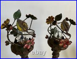 Pair Antique Art Deco Nouveau Floral Iron Mantel Candlestick Flickering Lamps