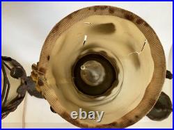 Pair Antique Art Deco Nouveau Floral Iron Mantel Candlestick Flickering Lamps
