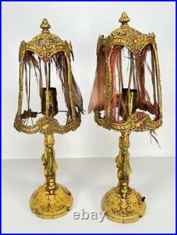 Pair Antique Art Deco Shabby Chic French Painted Cast Metal Cherub Boudoir Lamps