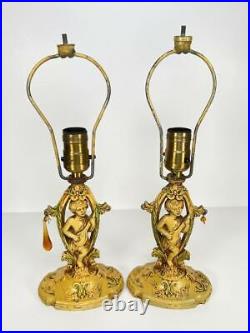 Pair Antique Art Deco Shabby Chic French Painted Cast Metal Cherub Boudoir Lamps