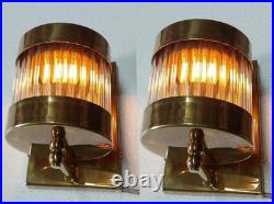Pair Antique Old Vintage Art Deco Brass & Glass Rod Ship Light Wall Sconces Lamp