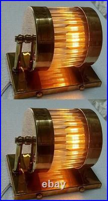 Pair Antique Old Vintage Art Deco Brass & Glass Rod Ship Light Wall Sconces Lamp