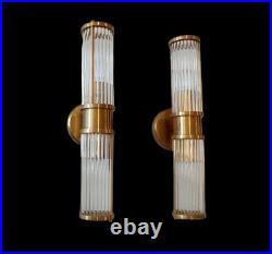 Pair Antique Old Vintage Art Deco Brass & Glass Rod Ship Light Wall Sconces Lamp