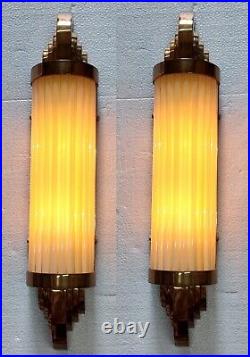 Pair Antique Vintage Art Deco Brass Cream Glass Rod Ship Light Wall Sconces Lamp