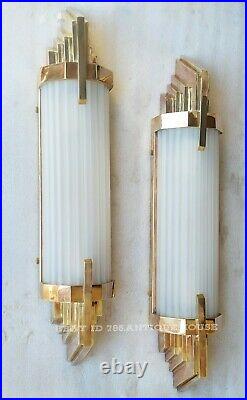 Pair Antique Vintage Art Deco Brass & Frosted Glass Ship Light Wall Sconces Lamp
