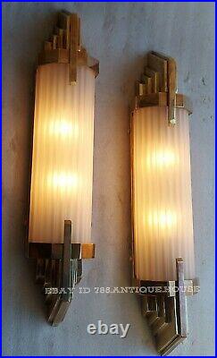 Pair Antique Vintage Art Deco Brass & Frosted Glass Ship Light Wall Sconces Lamp