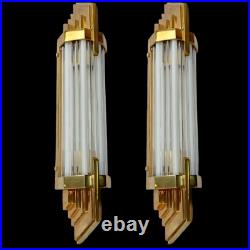 Pair Antique Vintage Art Deco Brass Milk Glass Rod Ship Light Wall Sconces Lamp