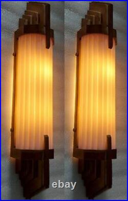 Pair Antique Vintage Art Deco Brass Pink Glass Rod Ship Light Wall Sconces Lamp