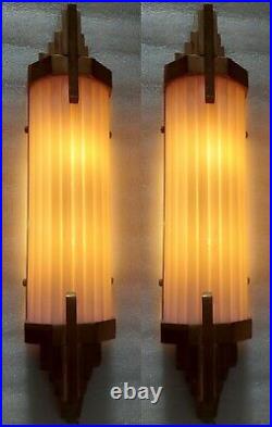 Pair Antique Vintage Art Deco Brass Pink Glass Rod Ship Light Wall Sconces Lamp