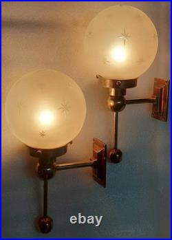 Pair Antique Vintage Art Deco Brass Star Shade Wall Sconces Fixture Light Lamp