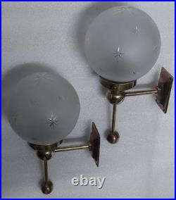 Pair Antique Vintage Art Deco Brass Star Shade Wall Sconces Fixture Light Lamp