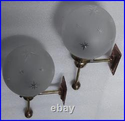 Pair Antique Vintage Art Deco Brass Star Shade Wall Sconces Fixture Light Lamp