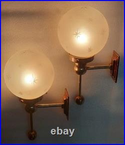 Pair Antique Vintage Art Deco Brass Star Shade Wall Sconces Fixture Light Lamp