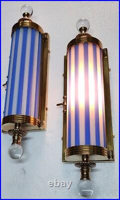 Pair Antique Vintage Art Deco Metro Light Brass Case Blue Rod Wall Sconces Lamp