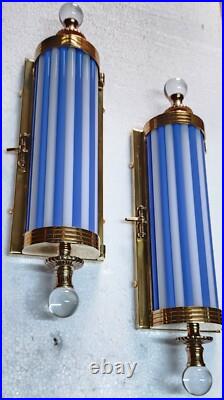 Pair Antique Vintage Art Deco Metro Light Brass Case Blue Rod Wall Sconces Lamp
