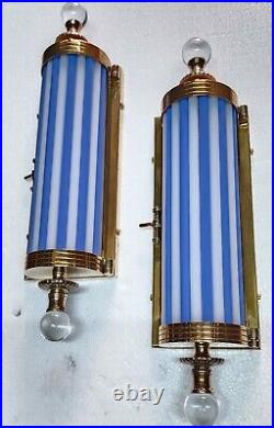 Pair Antique Vintage Art Deco Metro Light Brass Case Blue Rod Wall Sconces Lamp