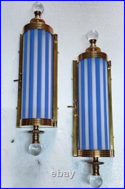Pair Antique Vintage Art Deco Metro Light Brass Case Blue Rod Wall Sconces Lamp