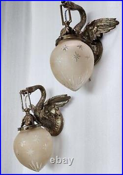 Pair Antique Vintage Art Deco Nouveau Brass Swan Wall Sconces Fixture Light Lamp