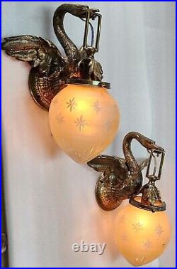 Pair Antique Vintage Art Deco Nouveau Brass Swan Wall Sconces Fixture Light Lamp