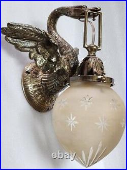 Pair Antique Vintage Art Deco Nouveau Brass Swan Wall Sconces Fixture Light Lamp