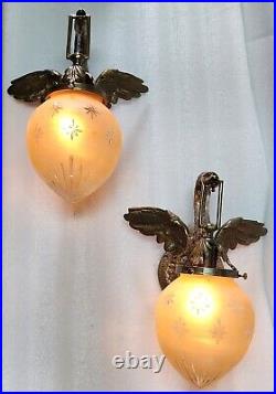 Pair Antique Vintage Art Deco Nouveau Brass Swan Wall Sconces Fixture Light Lamp