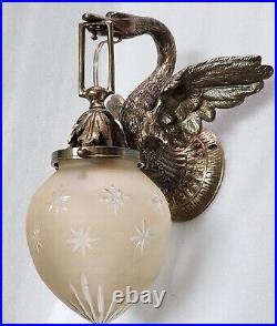 Pair Antique Vintage Art Deco Nouveau Brass Swan Wall Sconces Fixture Light Lamp