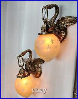 Pair Antique Vintage Art Deco Nouveau Brass Swan Wall Sconces Fixture Light Lamp