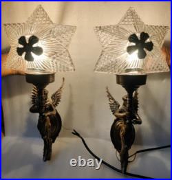 Pair Antique Vintage Old Art Deco Nouveau Brass Mermaid Wall Sconces Light Lamp