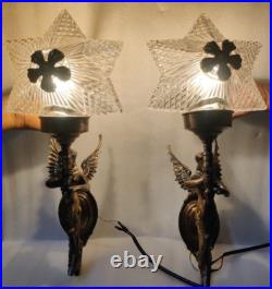 Pair Antique Vintage Old Art Deco Nouveau Brass Mermaid Wall Sconces Light Lamp