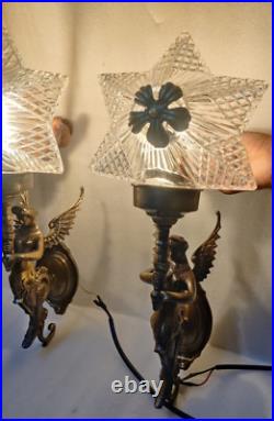 Pair Antique Vintage Old Art Deco Nouveau Brass Mermaid Wall Sconces Light Lamp