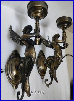 Pair Antique Vintage Old Art Deco Nouveau Brass Mermaid Wall Sconces Light Lamp