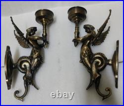 Pair Antique Vintage Old Art Deco Nouveau Brass Mermaid Wall Sconces Light Lamp