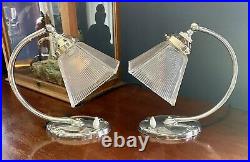 Pair Art Deco 1930s Swan Neck Table Lamps Chrome With Square Opaque Glass Shades