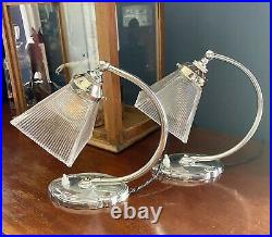 Pair Art Deco 1930s Swan Neck Table Lamps Chrome With Square Opaque Glass Shades