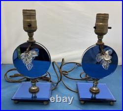 Pair Art Deco Blue Mirror Bedroom Lamps with Acrylic Grapes MCM