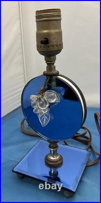 Pair Art Deco Blue Mirror Bedroom Lamps with Acrylic Grapes MCM