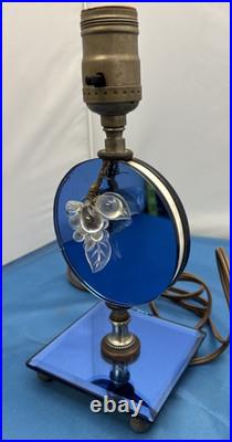Pair Art Deco Blue Mirror Bedroom Lamps with Acrylic Grapes MCM