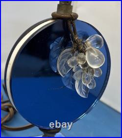 Pair Art Deco Blue Mirror Bedroom Lamps with Acrylic Grapes MCM