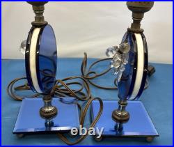 Pair Art Deco Blue Mirror Bedroom Lamps with Acrylic Grapes MCM
