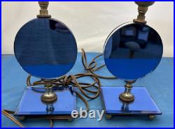 Pair Art Deco Blue Mirror Bedroom Lamps with Acrylic Grapes MCM