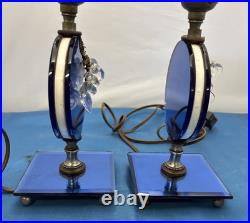 Pair Art Deco Blue Mirror Bedroom Lamps with Acrylic Grapes MCM