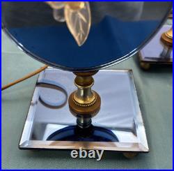 Pair Art Deco Blue Mirror Bedroom Lamps with Acrylic Grapes MCM