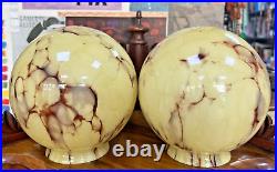 Pair Art Deco Bohemian Loetz Marbled Cased Glass Lamp Shades Globes Caramel Slag
