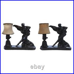 Pair Art Deco Dancer Figural Table Lamps with Fabric Shades Corded Switch No. 183