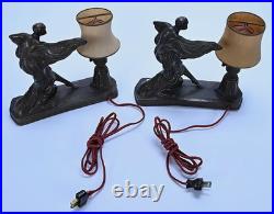 Pair Art Deco Dancer Figural Table Lamps with Fabric Shades Corded Switch No. 183