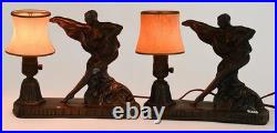 Pair Art Deco Dancer Figural Table Lamps with Fabric Shades Corded Switch No. 183